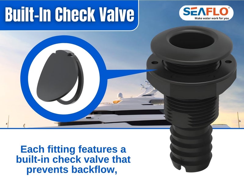SEAFLO 1-1/2"", Black (1-Pack) Thru Hulls Fitting Thru-Hull with Check Valve, Polypropylene + Glass-Filled Nylon, 4-Year Warranty - Image 3